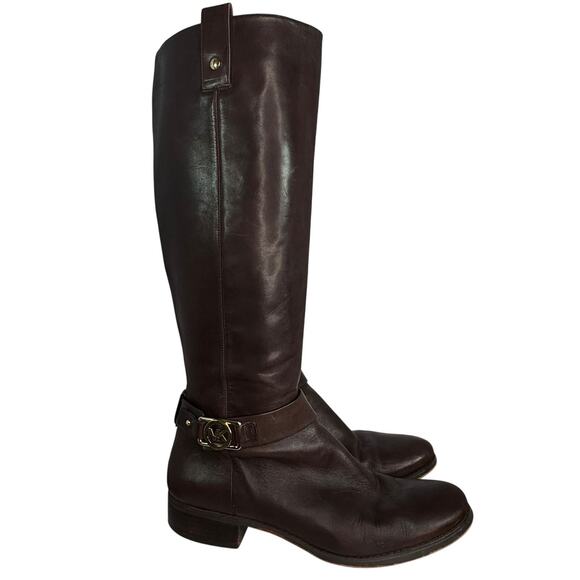 Michael Kors Brown Leather Gold Detail Tall Riding Boots Sz 10M Equestrian Chic - Picture 1 of 12